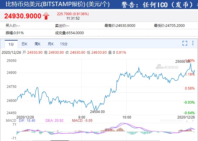 比特币价格突破25000美元
